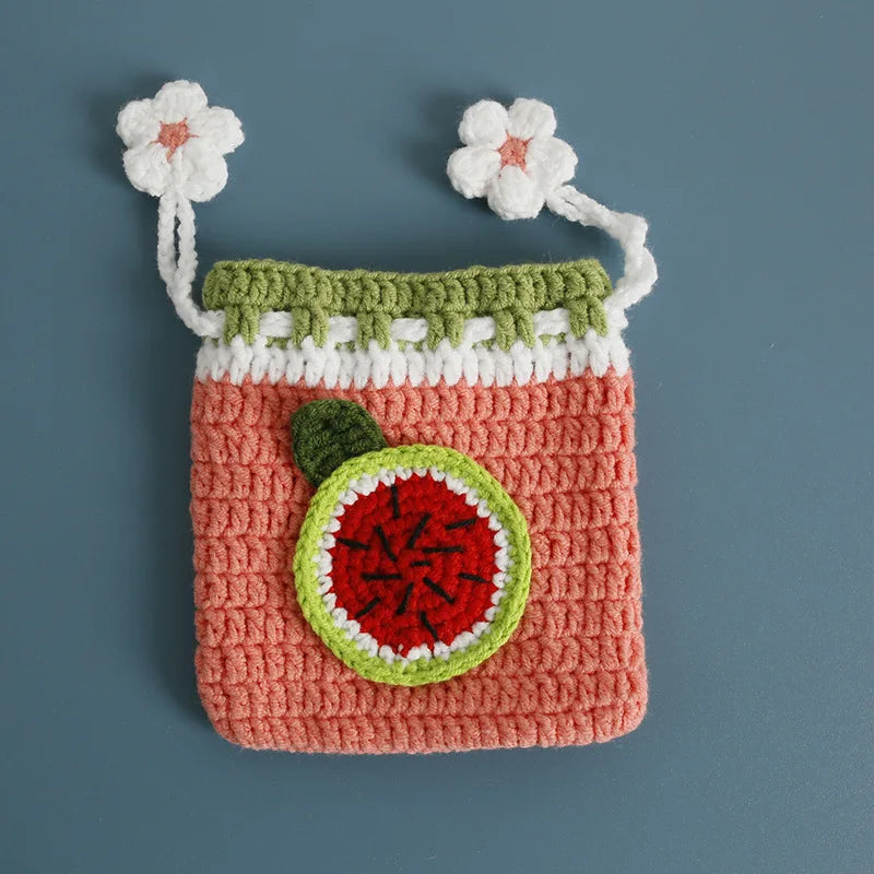 Kawaii Fruit Crochet Coin Wallet Cute Mini Handwoven Bag Earphones Storage
