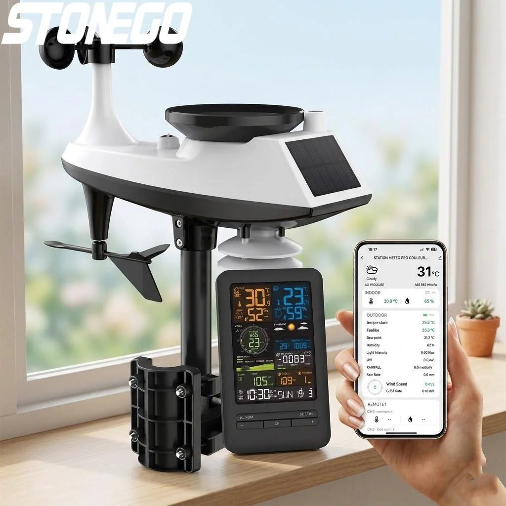Smart Home Weather Station with APP Control Timer Calendar Temperature Humidity Monitor Wind Speed and Rainfall UV Sensor Device